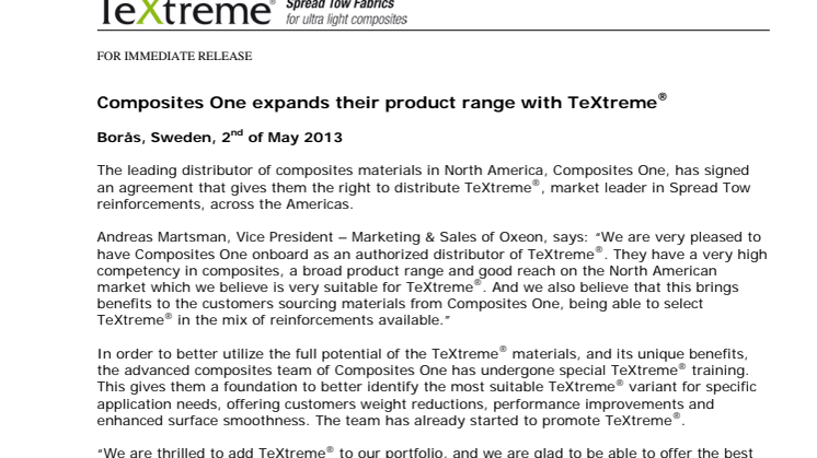 Composites One expands their product range with TeXtreme®