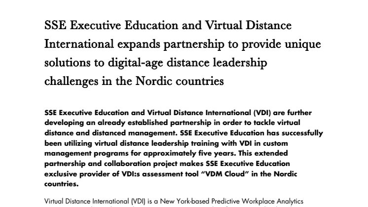SSE Executive Education and Virtual Distance International expands partnership to provide unique solutions to digital-age distance leadership challenges in the Nordic countries