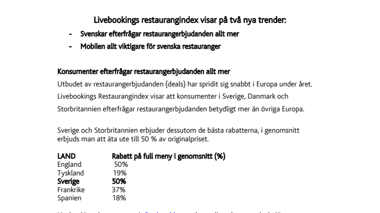 Livebookings Restaurangindex visar på två trender: restaurangerbjudanden och bordsbokning i mobilen