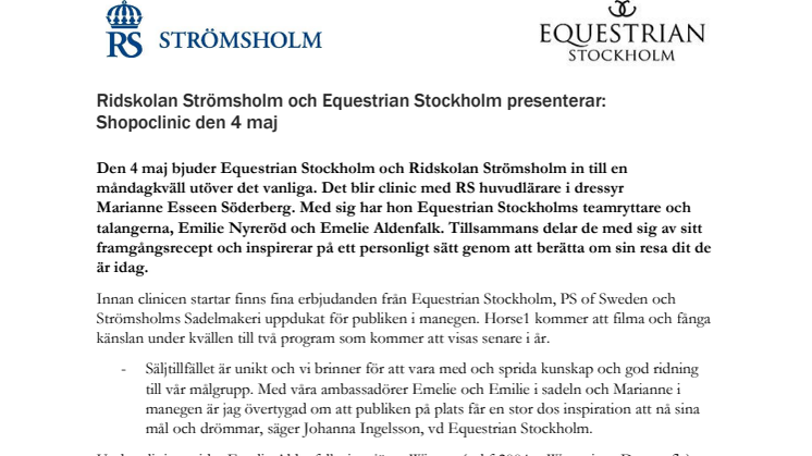 Ridskolan Strömsholm och Equestrian Stockholm presenterar: Shopoclinic den 4 maj