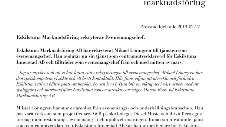 Eskilstuna Marknadsföring rekryterar Evenemangschef.