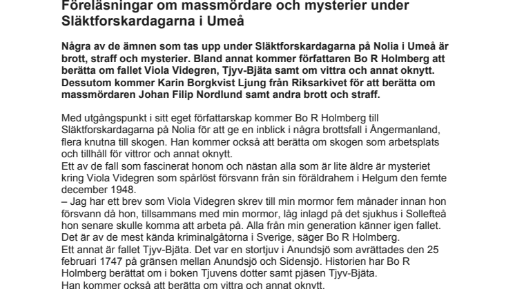 Föreläsningar om massmördare och mysterier under Släktforskardagarna i Umeå