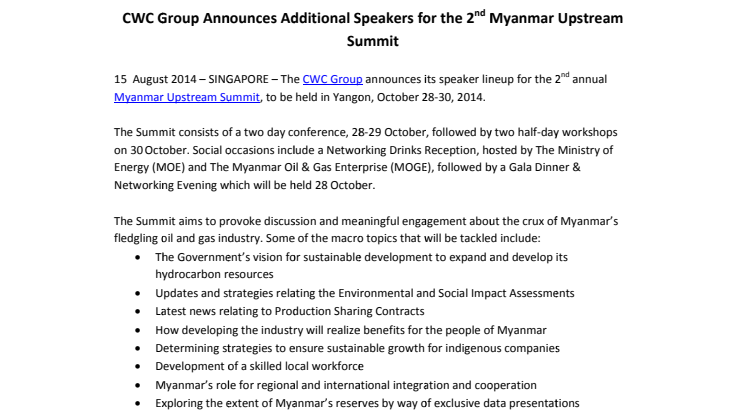 CWC Group Announces Additional Speakers for the 2nd Myanmar Upstream Summit