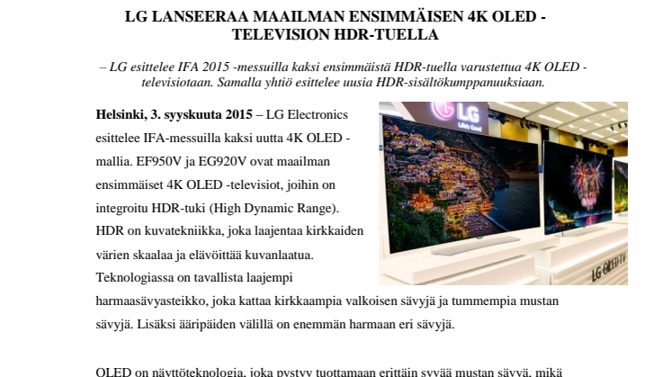 LG LANSEERAA MAAILMAN ENSIMMÄISEN 4K OLED -TELEVISION HDR-TUELLA