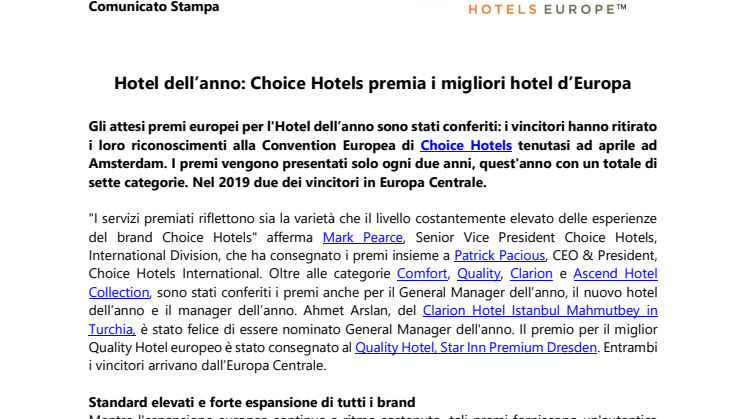Hotel dell’anno: Choice Hotels premia i migliori hotel d’Europa