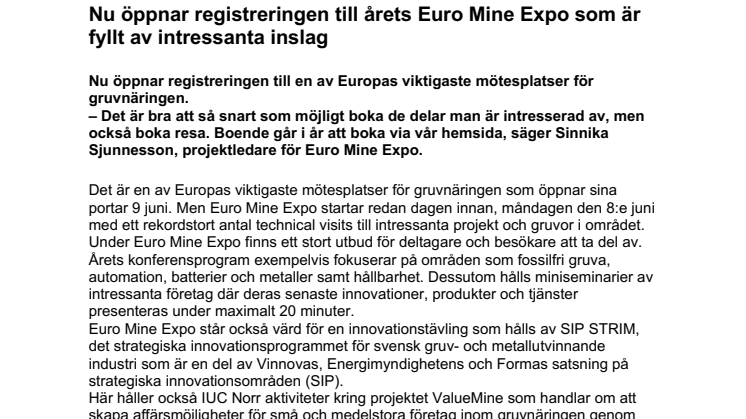 Nu öppnar registreringen till årets Euro Mine Expo som är fyllt av intressanta inslag