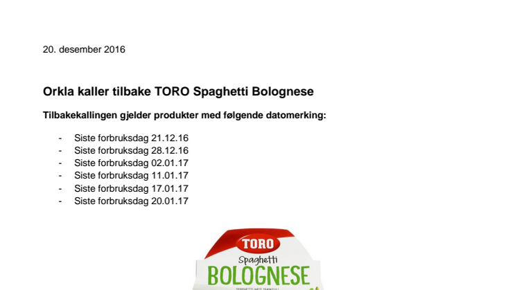 Orkla kaller tilbake TORO Spaghetti Bolognese