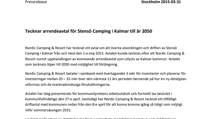 Nordic Camping & Resort tecknar arrendeavtal för Stensö Camping i Kalmar till år 2050