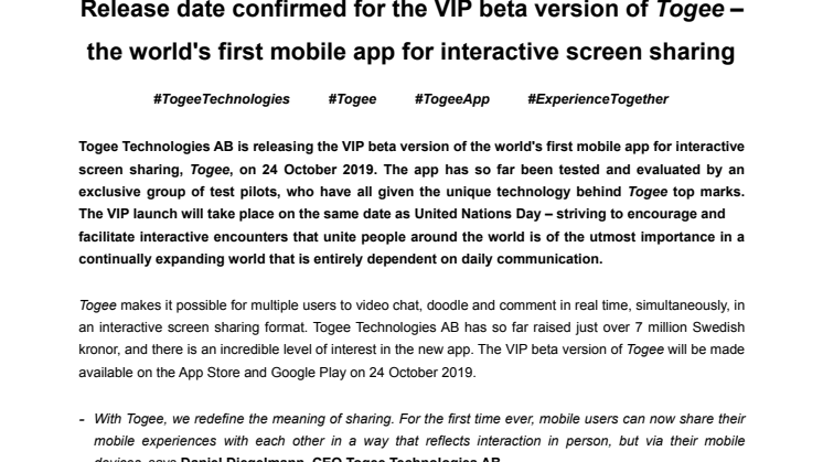 Release date confirmed for the VIP beta version of Togee – the world's first mobile app for interactive screen sharing