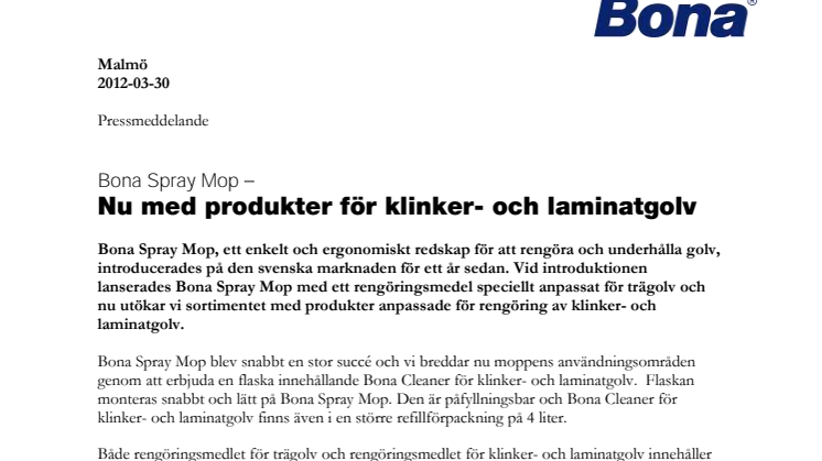 Bona Spray Mop –  Nu med produkter för klinker- och laminatgolv 