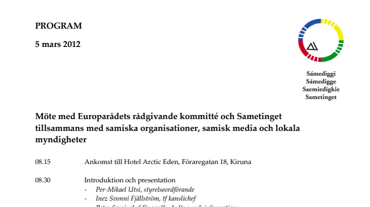 Europarådets rådgivande kommitté granskar skyddet för samerna vid sitt besök i Kiruna den 5 mars 2012