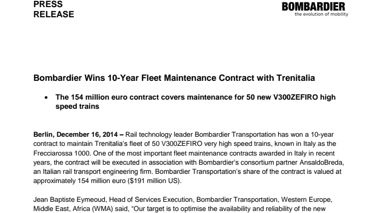 Bombardier får order på tågunderhåll av höghastighetståg