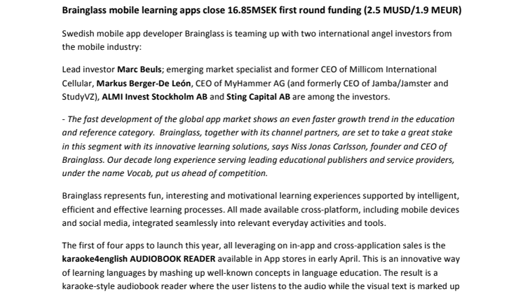 Brainglass mobile learning apps close 16.85MSEK first round funding (2.5 MUSD/1.9 MEUR)