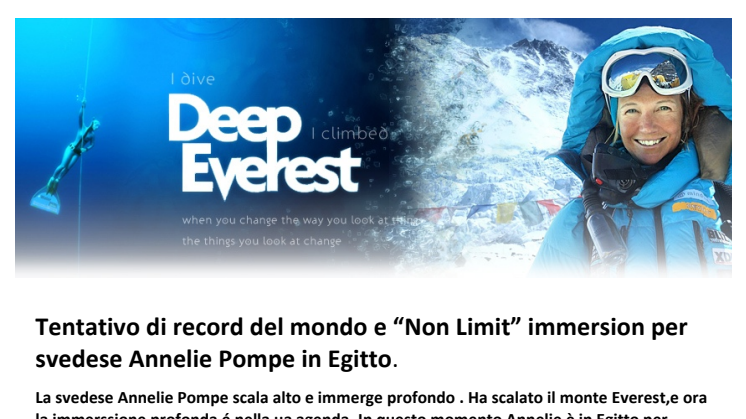 Tentativo di record del mondo e "Non Limit" immersion per svedese Annelie Pompe in Egitto