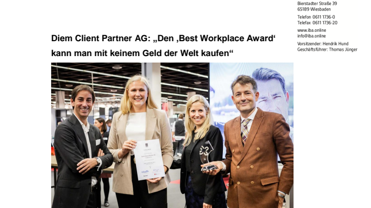 Diem Client Partner AG: „Den ‚Best Workplace Award‘ kann man mit keinem Geld der Welt kaufen"