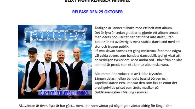 Jannez släpper ny cd den 29 Oktober "Blixt från klarblå himmel"