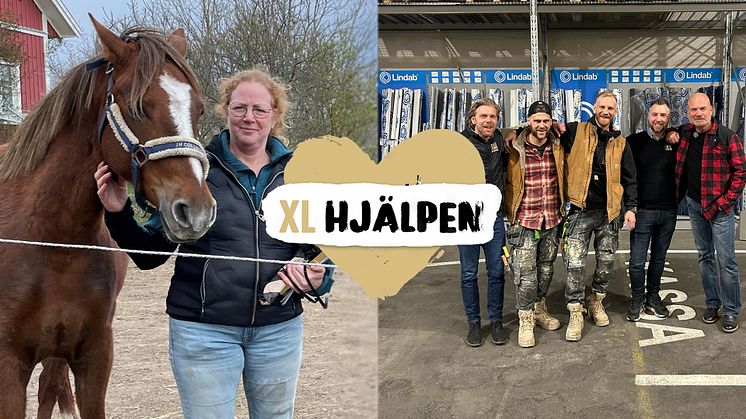 Från vänster: Elisabeth Lindborg och hästen April. Emil Ryd, XL-BYGG Jönköping, Stephan Eriksson samt Sebastian Grahn från Sonarps Bygg och Måleri, Joakim Persson, XL-BYGG Jönköping samt XL-Hjälpens ambassadör Hans Fahlén.