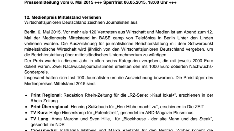 12. Medienpreis Mittelstand verliehen - Wirtschaftsjunioren Deutschland zeichnen Journalisten aus 