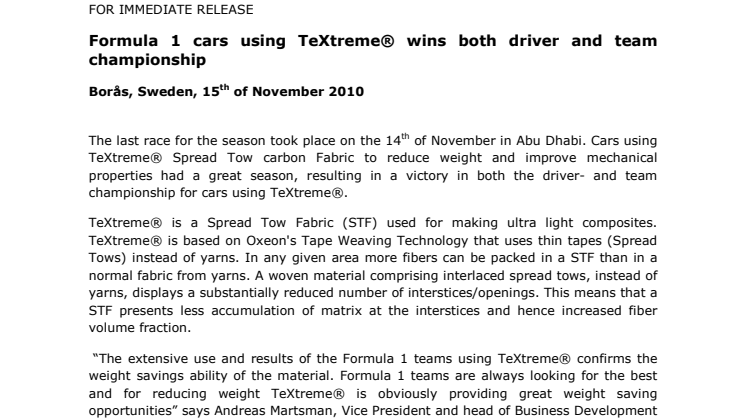 Formula 1 cars using TeXtreme® wins both driver and team championship
