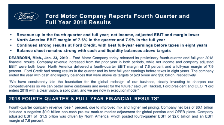 Ford Motor Company reports Fourth Quarter and Full Year 2018 Results