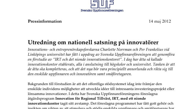 Utredning om nationell satsning på innovatörer