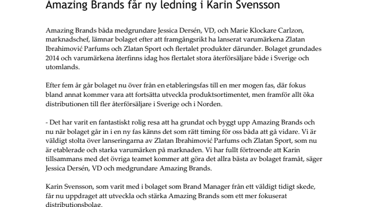 Amazing Brands får ny ledning i Karin Svensson.