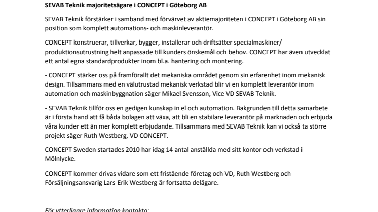 SEVAB Teknik majoritetsägare i CONCEPT i Göteborg AB