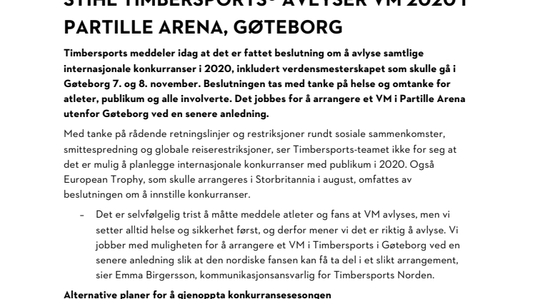 STIHL TIMBERSPORTS® avlyser VM 2020 i Partille Arena, Gøteborg