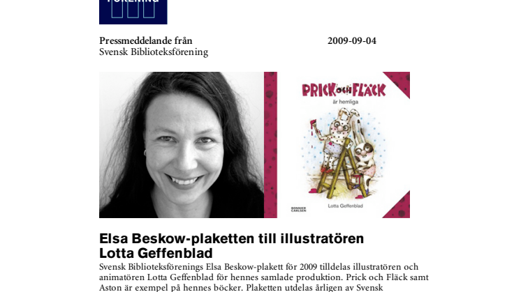 Elsa Beskow-plaketten till illustratören Lotta Geffenblad