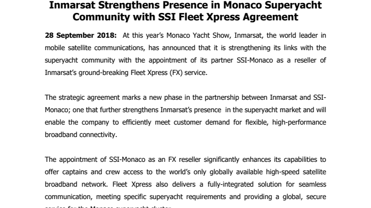Inmarsat Strengthens Presence in Monaco Superyacht Community with SSI Fleet Xpress Agreement