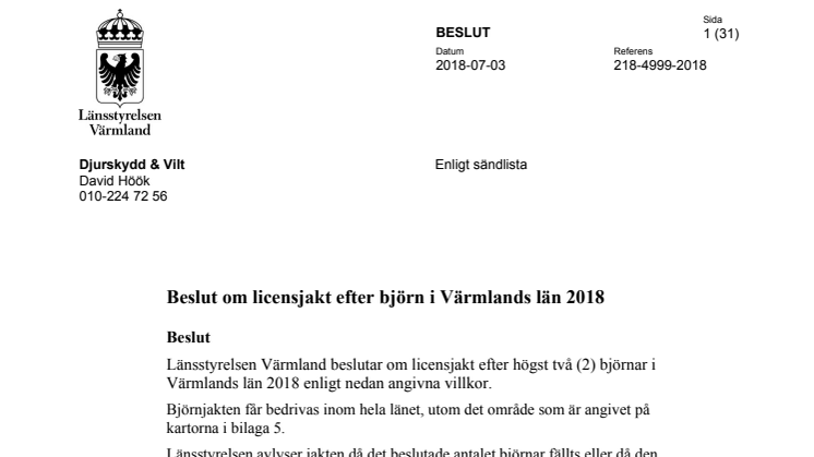Beslut om licensjakt efter björn i Värmlands län 2018 (PDF)