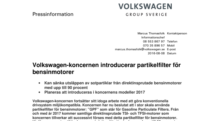 Volkswagen-koncernen introducerar partikelfilter för bensinmotorer