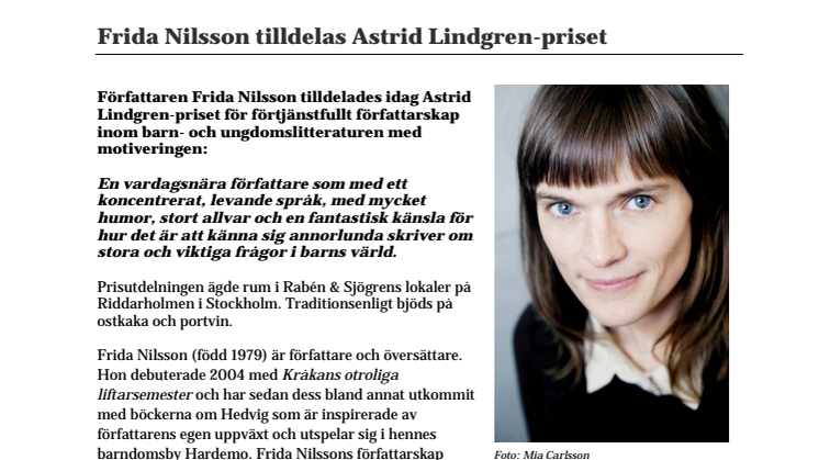 Frida Nilsson tilldelas Astrid Lindgren-priset 