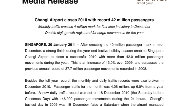 Changi Airport closes 2010 with record 42 million passengers