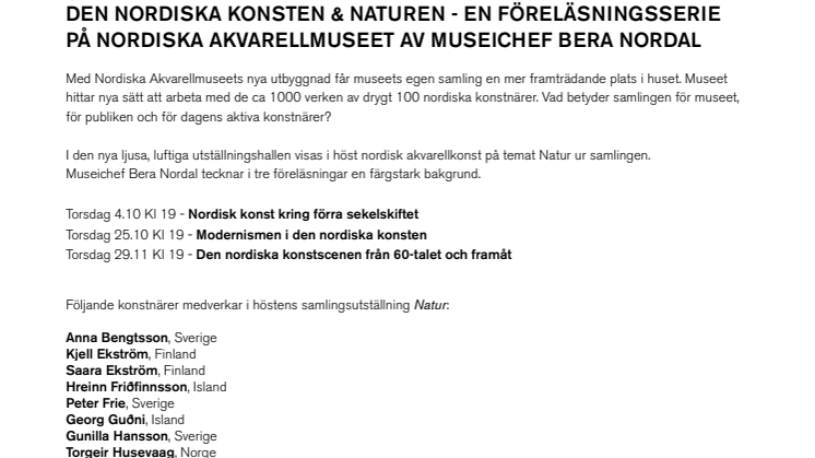 DEN NORDISKA KONSTEN & NATUREN - EN FÖRELÄSNINGSSERIE PÅ NORDISKA AKVARELLMUSEET AV MUSEICHEF BERA NORDAL