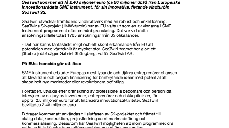 SeaTwirl erhåller 2,48 miljoner euro i bidrag från EU