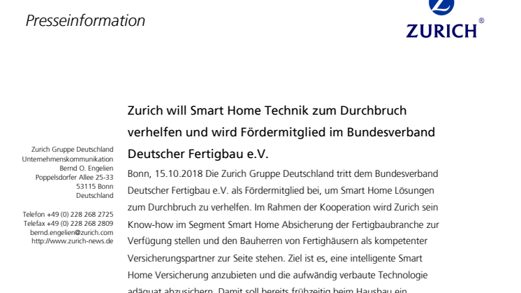 Zurich will Smart Home Technik zum Durchbruch verhelfen und wird Fördermitglied im Bundesverband Deutscher Fertigbau e.V.