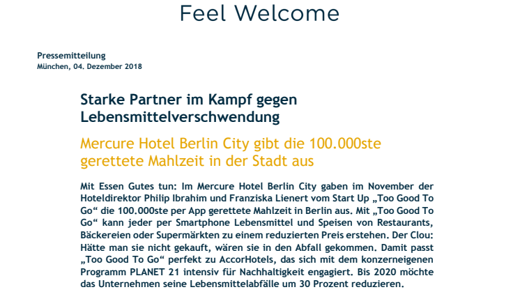 Starke Partner im Kampf gegen Lebensmittelverschwendung: Mercure Hotel Berlin City gibt die 100.000ste gerettete Mahlzeit in der Stadt aus