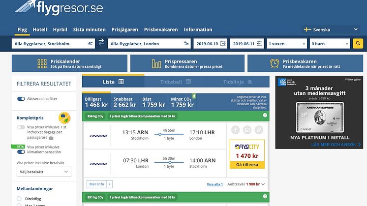 Sökresultat hos Flygresor.se där priset för klimatkompensation visas i den gröna balken.