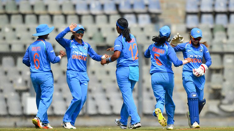 India celebrate an English wicket. Image: AFP