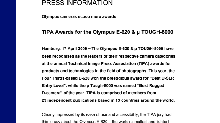 TIPA Awards for the Olympus E-620 & μ TOUGH-8000