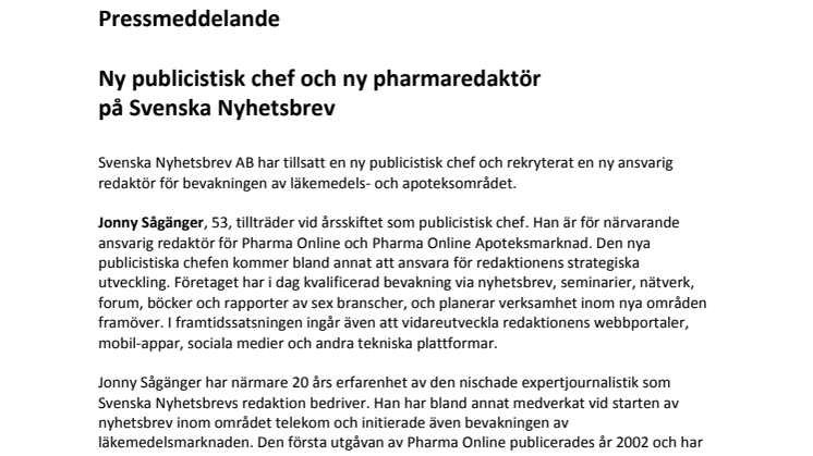 Ny publicistisk chef och ny pharmaredaktör på Svenska Nyhetsbrev 