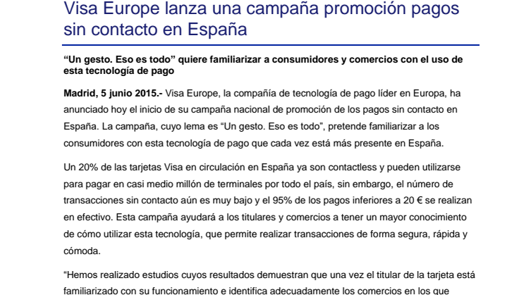 Visa Europe lanza una campaña promoción pagos sin contacto en España