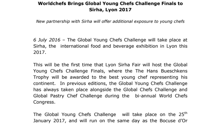  Worldchefs Brings Global Young Chefs Challenge Finals to Sirha, Lyon 2017