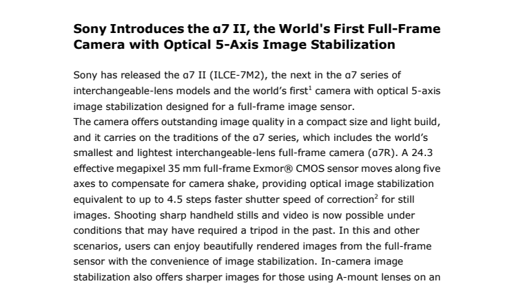 Sony julkistaa α7 II -järjestelmäkameran – maailman ensimmäinen täyden kinokoon kamera optisella viisi akselisella kuvanvakausjärjestelmällä
