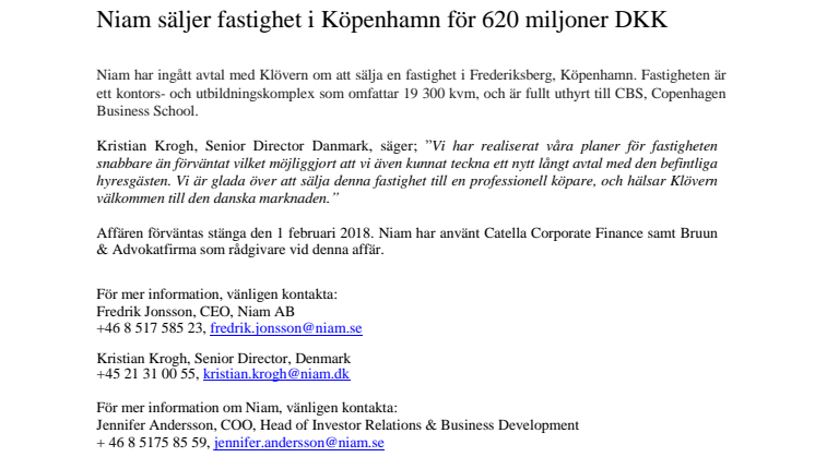 Niam säljer fastighet i Köpenhamn för 620 miljoner DKK