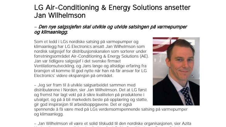 LG Air-Conditioning & Energy Solutions ansetter Jan Wilhelmson