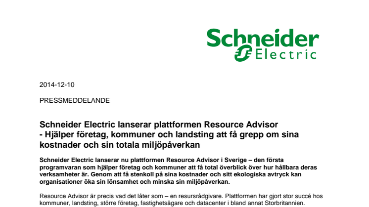 Schneider Electric lanserar plattformen Resource Advisor - Hjälper företag, kommuner och landsting att få grepp om sina kostnader och sin totala miljöpåverkan