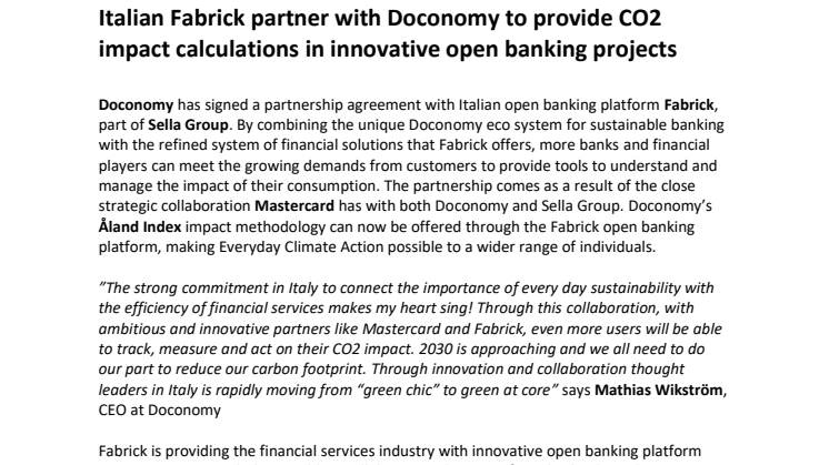 Italian Fabrick partner with Doconomy to provide CO2 impact calculations in innovative open banking projects