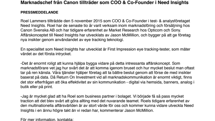 Marknadschef från Canon tillträder som COO & Co-Founder i Need Insights
